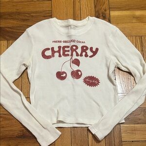 Cream Long-Sleeve Waffle Tee with Red Cherry Graphic